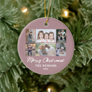 6 Photo Collage Pink Merry Christmas Family  Ceramic Ornament