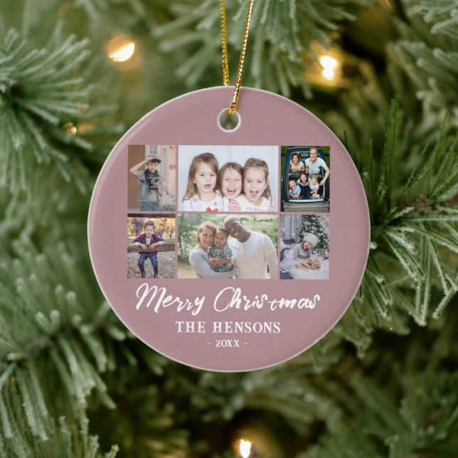 6 Photo Collage Pink Merry Christmas Family  Ceramic Ornament (Tree)