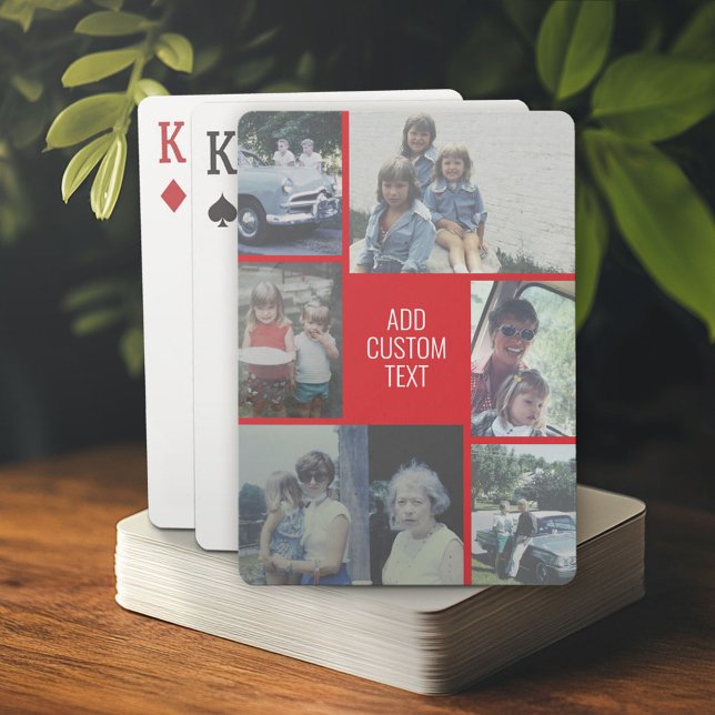 6 photo collage - red background - white text playing cards (Custom Poker Playing Cards)