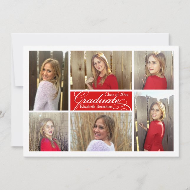 6-Photo Collage Red Custom Graduation Invitation (Front)