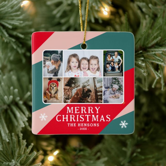 6 Photo Collage Red Green Pink Christmas Family Ceramic Ornament (Tree)