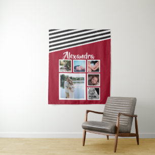 6 Photo Collage Red Striped Pattern Personalised Tapestry