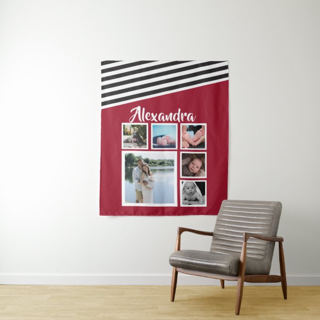 6 Photo Collage Red Striped Pattern Personalised Tapestry (In Situ)