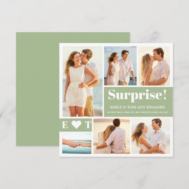 6 Photo Collage Sage Green Engagement Announcement (Front/Back)