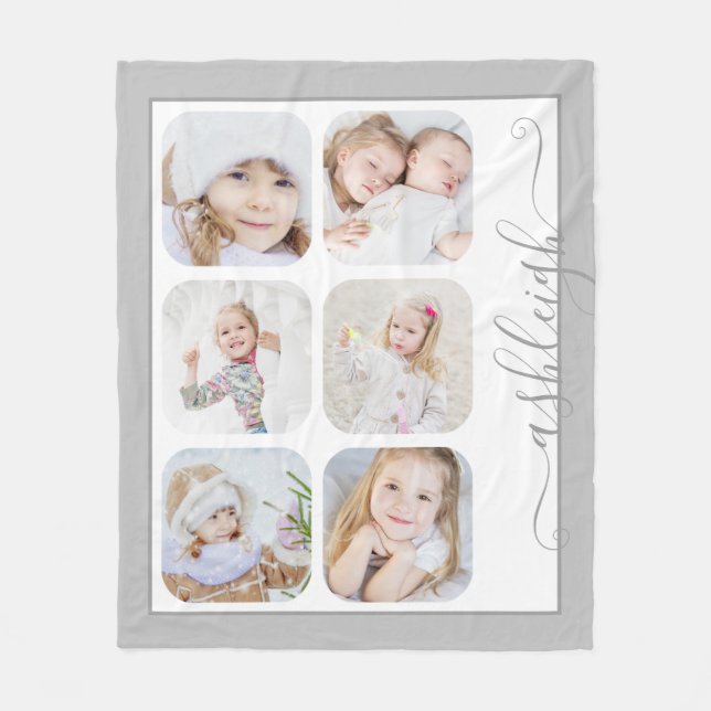 6 Photo Collage Script Name Custom Colour Fleece Blanket (Front)