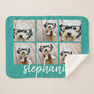 6 Photo Collage Script White Handwritten Name teal Sherpa Blanket