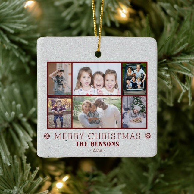 6 Photo Collage Snow Christmas Family Ceramic Ornament (Tree)