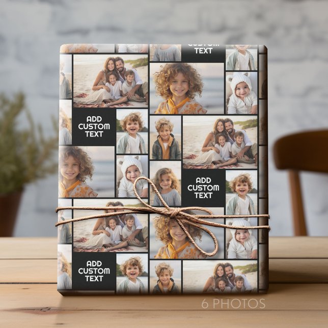 6 photo collage - solid colour - white chunky text wrapping paper (Custom Photo Collage Wrapping Paper - All Occasion)