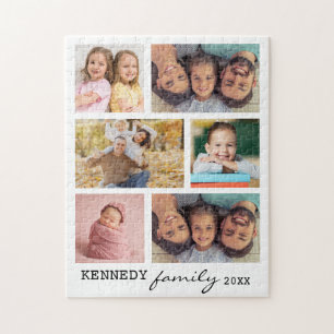 6 Photo Collage Template Family Name White Jigsaw Puzzle