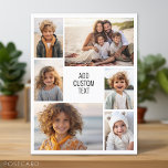 6 photo collage - white background - black text postcard<br><div class="desc">6 photos in an uneven pattern surround an opening for three lines of text. Use 2 square cropped photos and 4 vertical photos to make this work!
The background is white. If you want to change the colours,  click on the advanced design area and see more choices.</div>