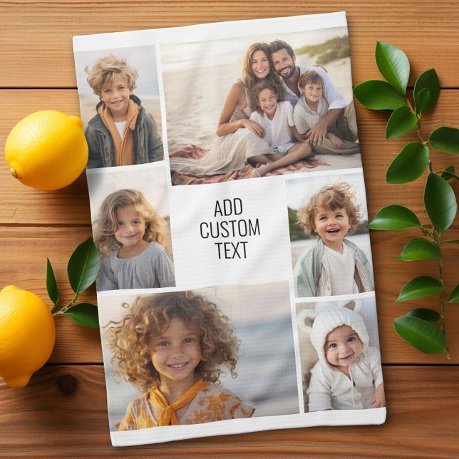 6 photo collage - white background - black text tea towel (Custom Kitchen Towel with a Photo Collage)