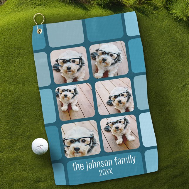 6 Photo Collage with Blues with simple white Name Golf Towel (Personalized Golf Towel with Photos and Text)