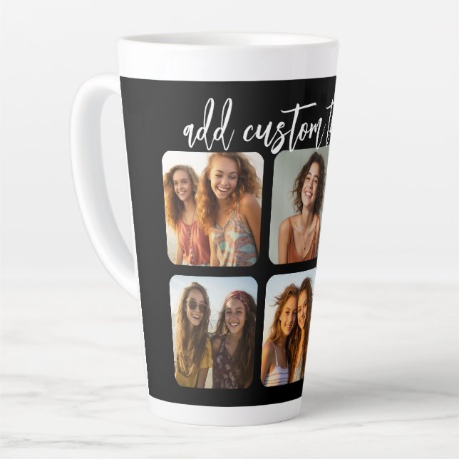 6 Photo Collage with trendy bounce script - black Latte Mug (Left Angle)