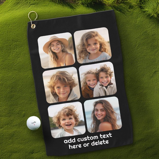 6 Photo Collage with white text on black Golf Towel (Custom Golf Towel)