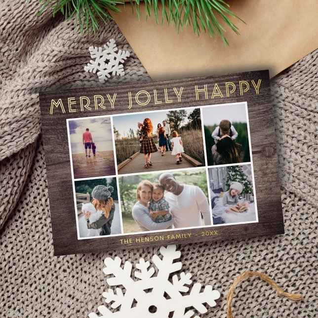 6 Photo Collage Wood Merry Jolly Happy Christmas  Foil Holiday Card (Creator Uploaded)