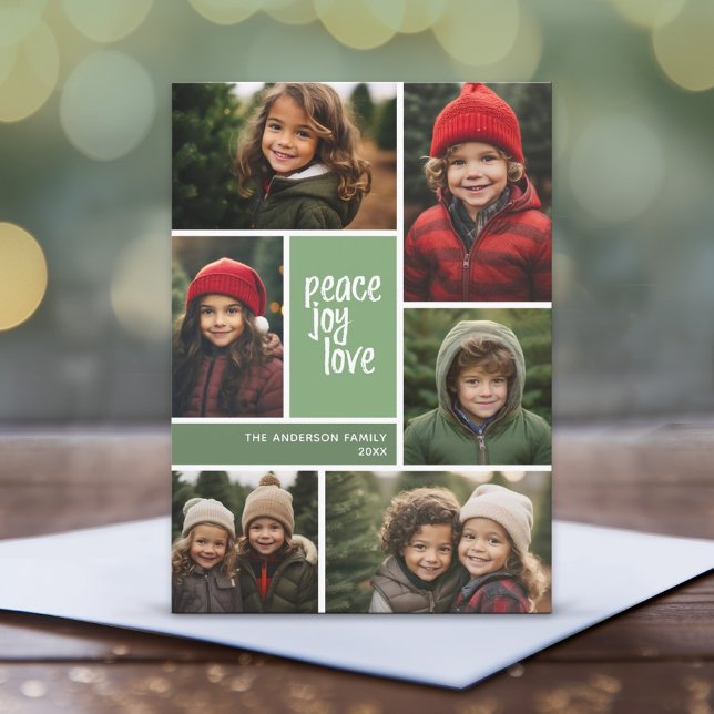 6 Photo Colour Block Peace Love Joy Green Holiday Card (6 Photo Christmas Card with Color Block Design - Print or Instant Download)