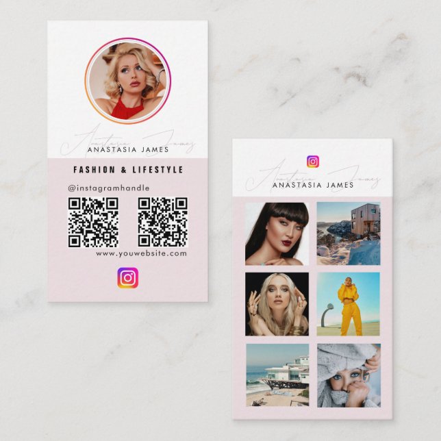6 Photo Feed Grid Social Media 2 QR Codes Business Card (Front/Back)