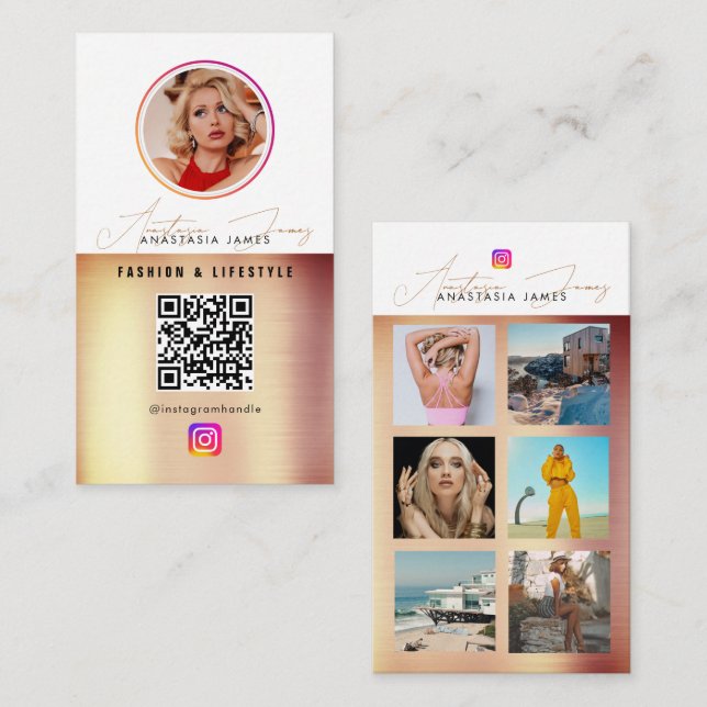6 Photo Feed Grid Social Media QR Code Bronze Business Card (Front/Back)