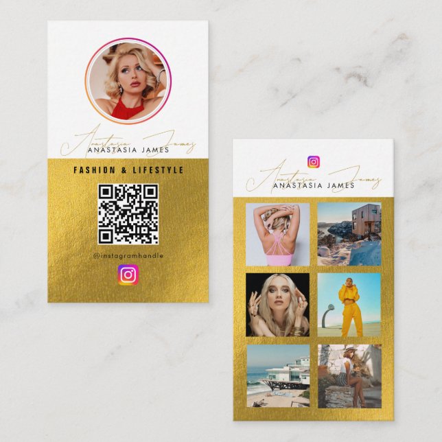 6 Photo Feed Grid Social Media QR Code White Gold Business Card (Front/Back)