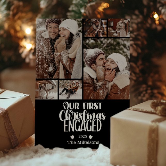 6 Photo Minimalist First Christmas Engaged Holiday Card (Creator Uploaded)