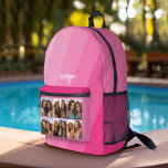 6 Photo - Name and Title Calligraphy Retro Stripe Printed Backpack<br><div class="desc">An organic abstract line art with pink and mauve colours. The modern design highlights a place for a name and 6 photos. A simple template with areas to add a name and other text. A retro stripe background for a girly,  pink design.</div>