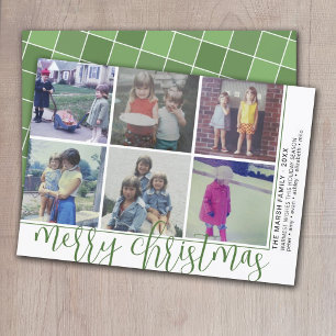 6 Photo Offset - Script Merry Christmas - Green Holiday Card