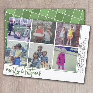 6 Photo Offset - Script Merry Christmas - Green Holiday Card