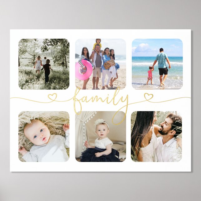 6 Photo Personalised Family Heart Typography Foil Prints (Front)