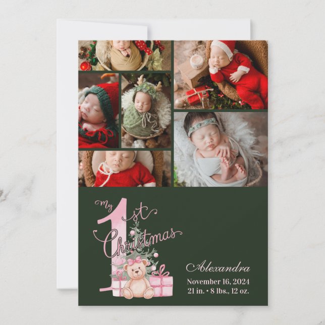 6 Photo  Pink Green Baby First Christmas Holiday Card (Front)
