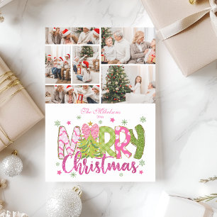 6 Photo Pink Green Bow Tree Merry Christmas Holiday Card