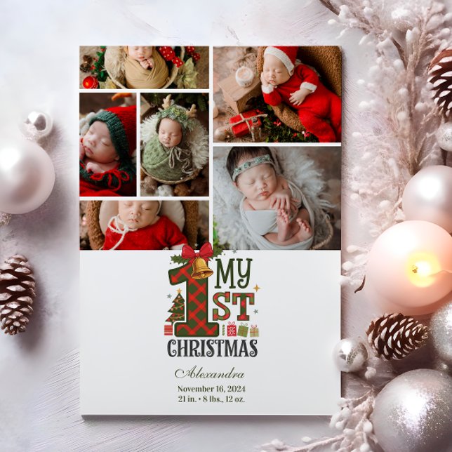 6 Photo Plaid First Christmas Holiday Card (Creator Uploaded)
