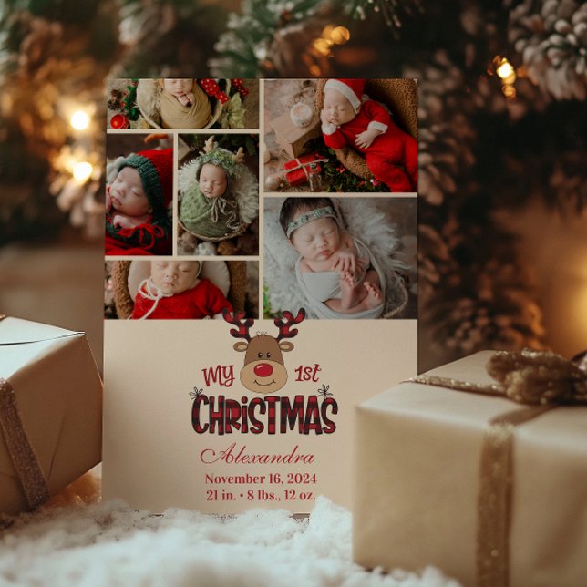 6 Photo Plaid Reindeer Baby First Christmas  Holiday Card (Creator Uploaded)