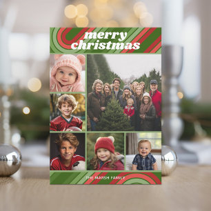 6 Photo Retro Stripes - Red Green Funky Holiday Card