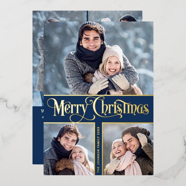 6 PHOTO Simply Elegant Sparkle Christmas Gold Foil Holiday Card (Front/Back)