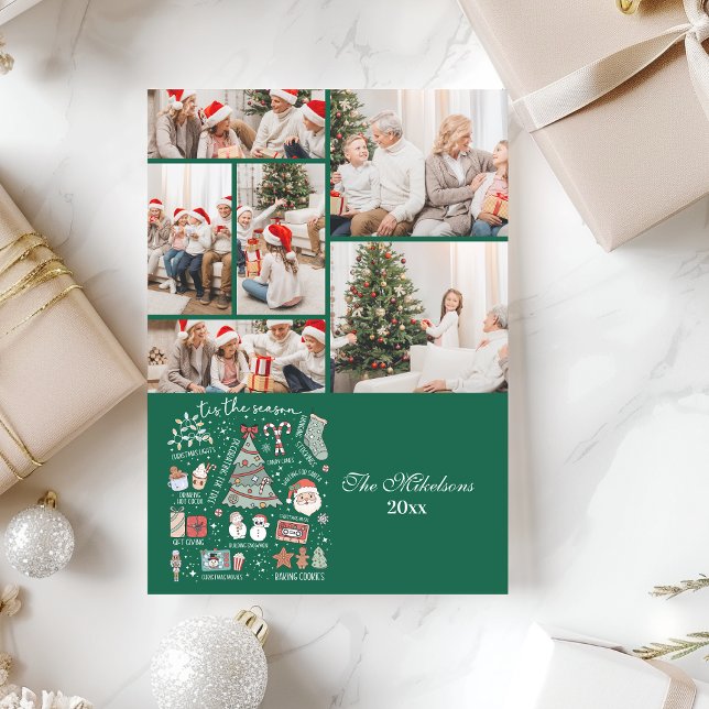 6 Photo Tis The Season Retro Green Christmas Holiday Card (Creator Uploaded)