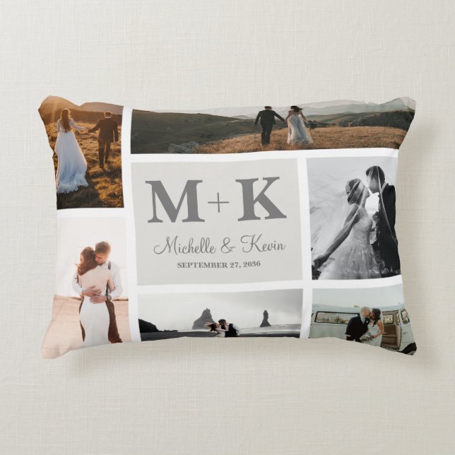 6 Photo Wedding Collage Newlyweds Keepsake Decorative Cushion (Front)