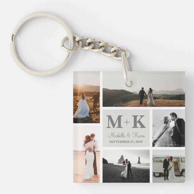 6 Photo Wedding Collage Newlyweds Keepsake Key Ring (Front)