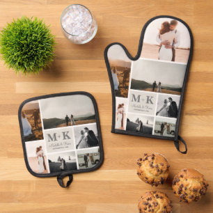 6 Photo Wedding Collage Newlyweds Keepsake Oven Mitt & Pot Holder Set