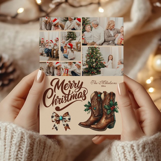 6 Photo Western Bow & Boots Christmas Holiday Card (Creator Uploaded)