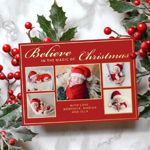 6 photos believe in Christmas magic family red Foil Holiday Card
