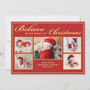 6 photos believe in Christmas magic family red Holiday Card