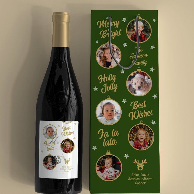 6 Photos Christmas Bubbles Green Family Wine Gift Bag (Creator Uploaded)