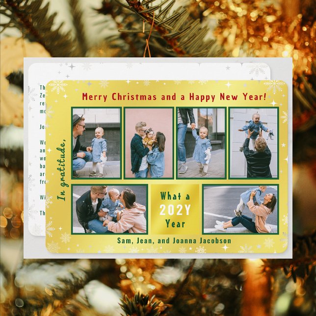 6 Photos Collage Cute Elegant Golden Personalised Holiday Card (Merry Christmas Happy New Year, In Gratitude, Golden Modern Cute 6 Photos Collage What a Year Letter)