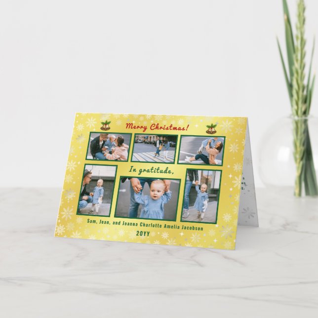 6 Photos Collage Cute Elegant Golden Personalised Holiday Card (Front)