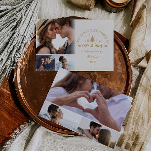 6 Photos First Christmas as Mr and Mrs gold Holiday Card