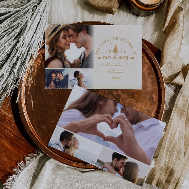 6 Photos First Christmas as Mr and Mrs gold Holiday Card (Creator Uploaded)