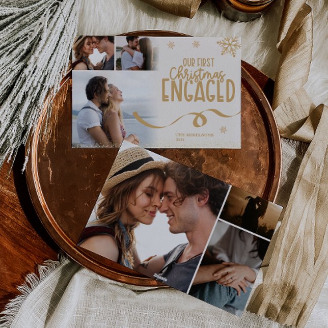 6 photos Gold Glitter First Christmas Engaged Holiday Card (Creator Uploaded)