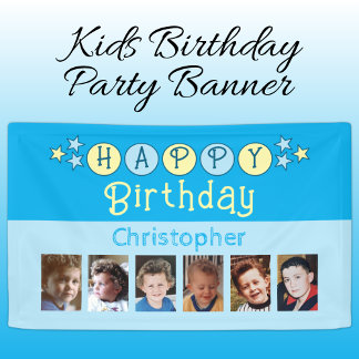6 photos happy birthday name kids blue party banner