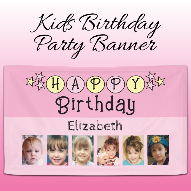 6 photos happy birthday name kids pink party banner (Creator Uploaded)