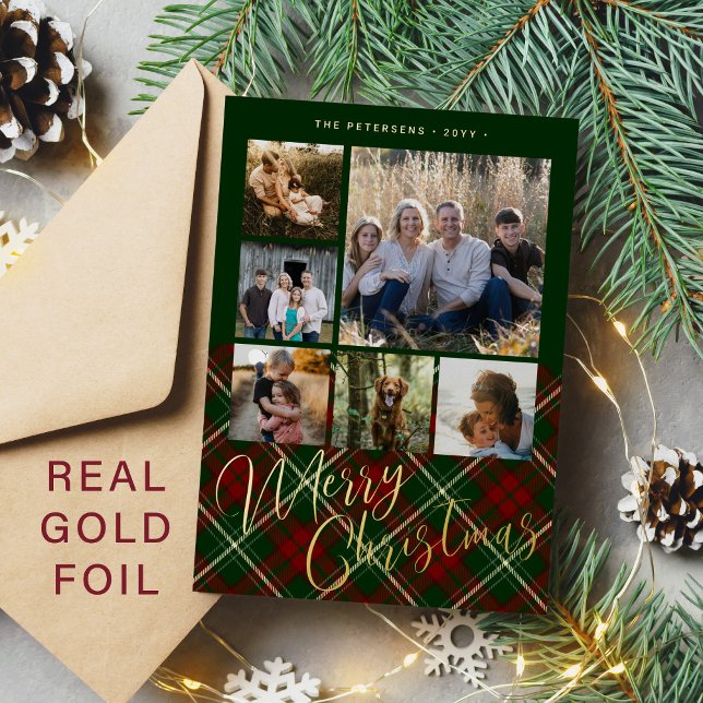 6 photos Merry Christmas family red green gold Foil Holiday Card (Creator Uploaded)